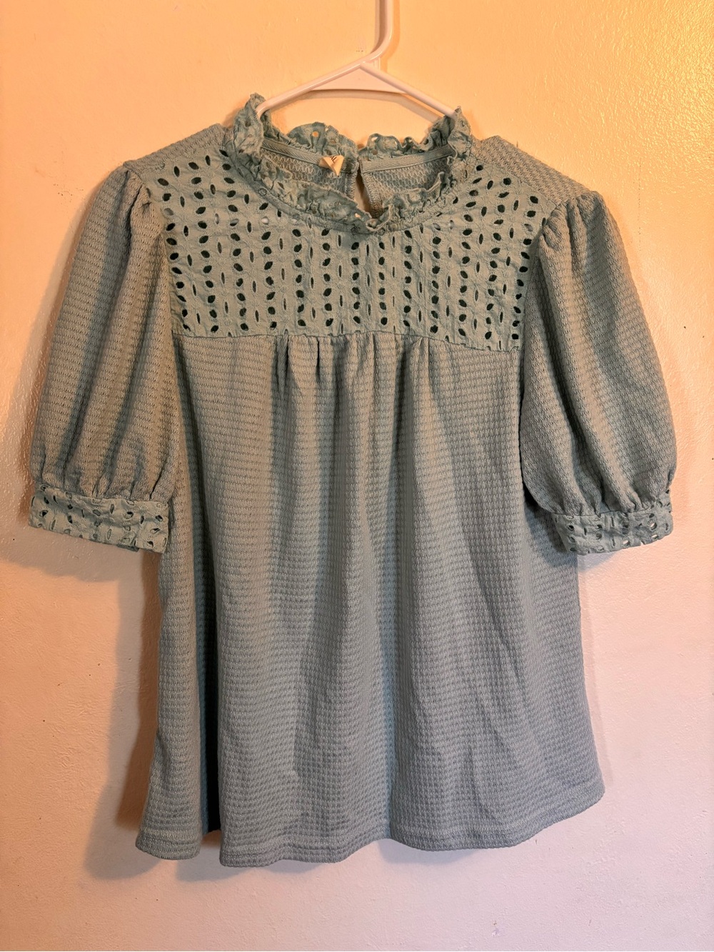 Eyelet Yoke Puff Sleeve Blouse in Sage